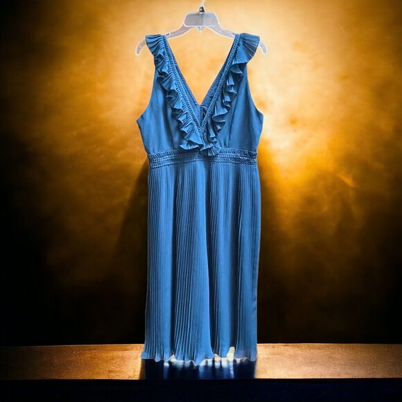 Anthropologie PL Pleated Isere Ruffled Blue V-Neck Dress by Lucy Paris - Picture 2 of 9